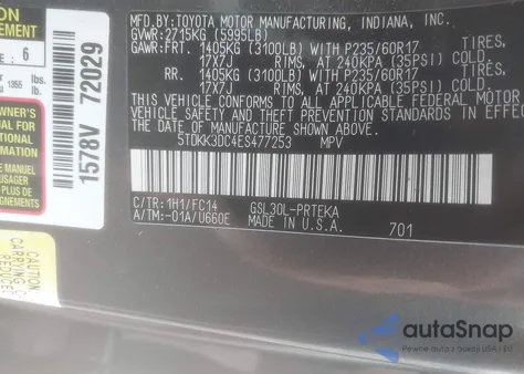 2014 Toyota Sienna Le V6 8 Passenger z USA, uszkodzony, nr VIN 5TDKK3DC4ES477253